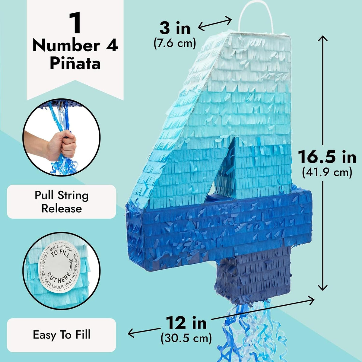 BLUE PANDA Pull String Pinata Number 5, Ombre Blue - Number 4 - image 3