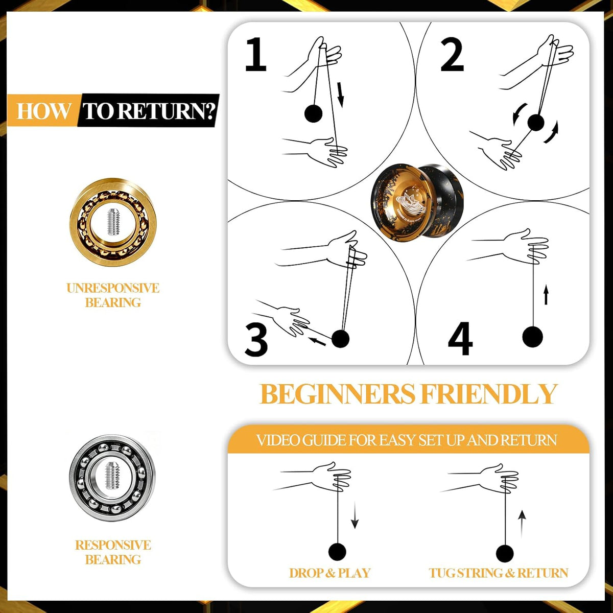 LESHARE X2 Dual-Mode Yoyo for Advanced Players & Teens Beginners – Fun for Kids & Family - Black Gold - image 4
