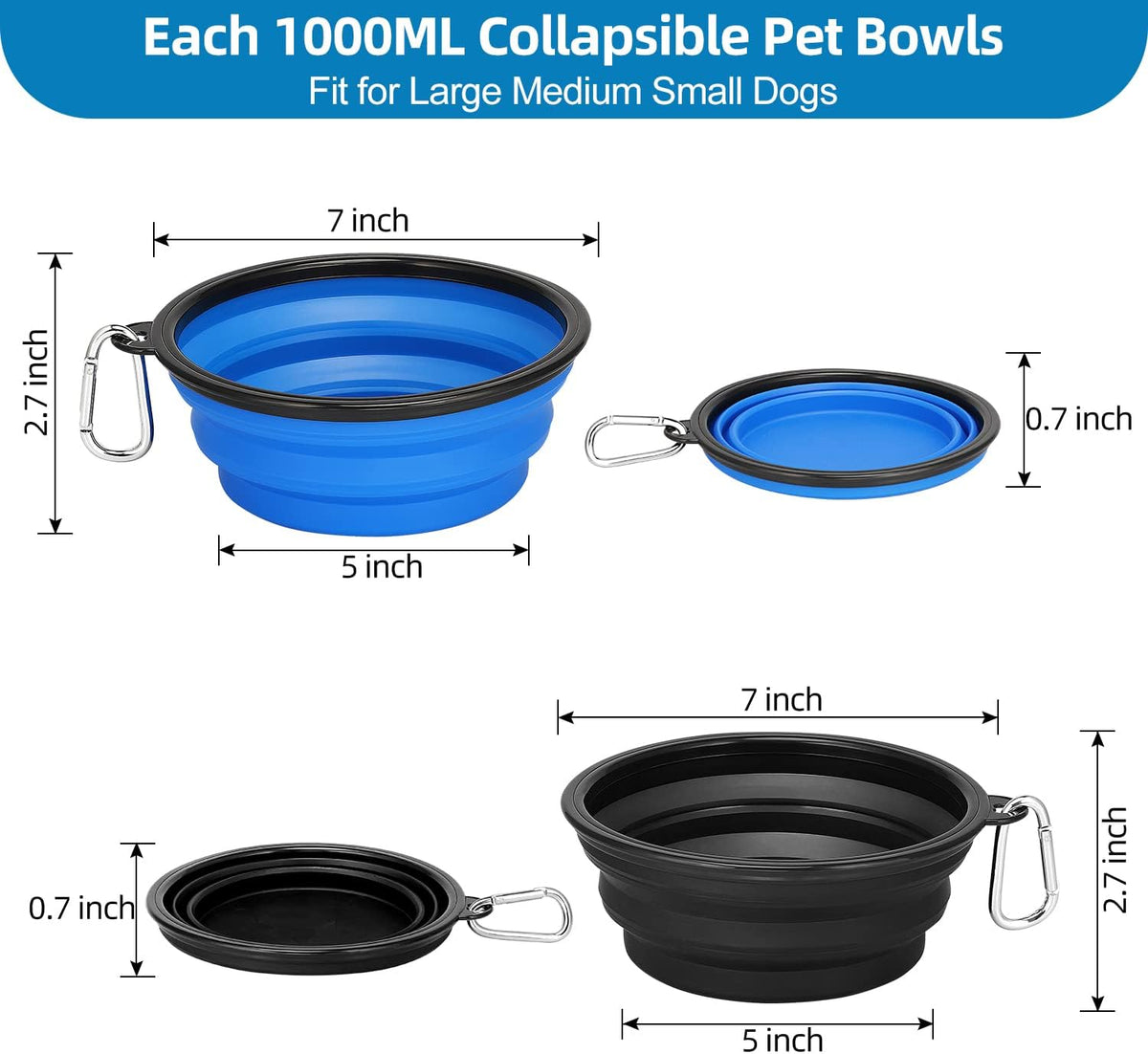 Kytely Large Collapsible Dog Bowls 2 Pack - Blue & Black - image 2