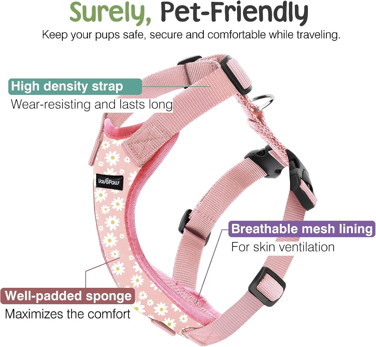 Dog Seat Belt Vest Harness for Car - Pink Daisy / L (Chest: 22-32.3", Neck: 16.9-26") - image 2