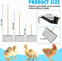 PINVNBY Stainless Steel Chicken Poop Scooper 3 in 1 Adjustable Wooden Handle Poop Scooper for Chicken(18.1" to 42.1")Multifunctional Chicken Coop Cleaning Tools Sifting Shovel Chicken Coop Accessories