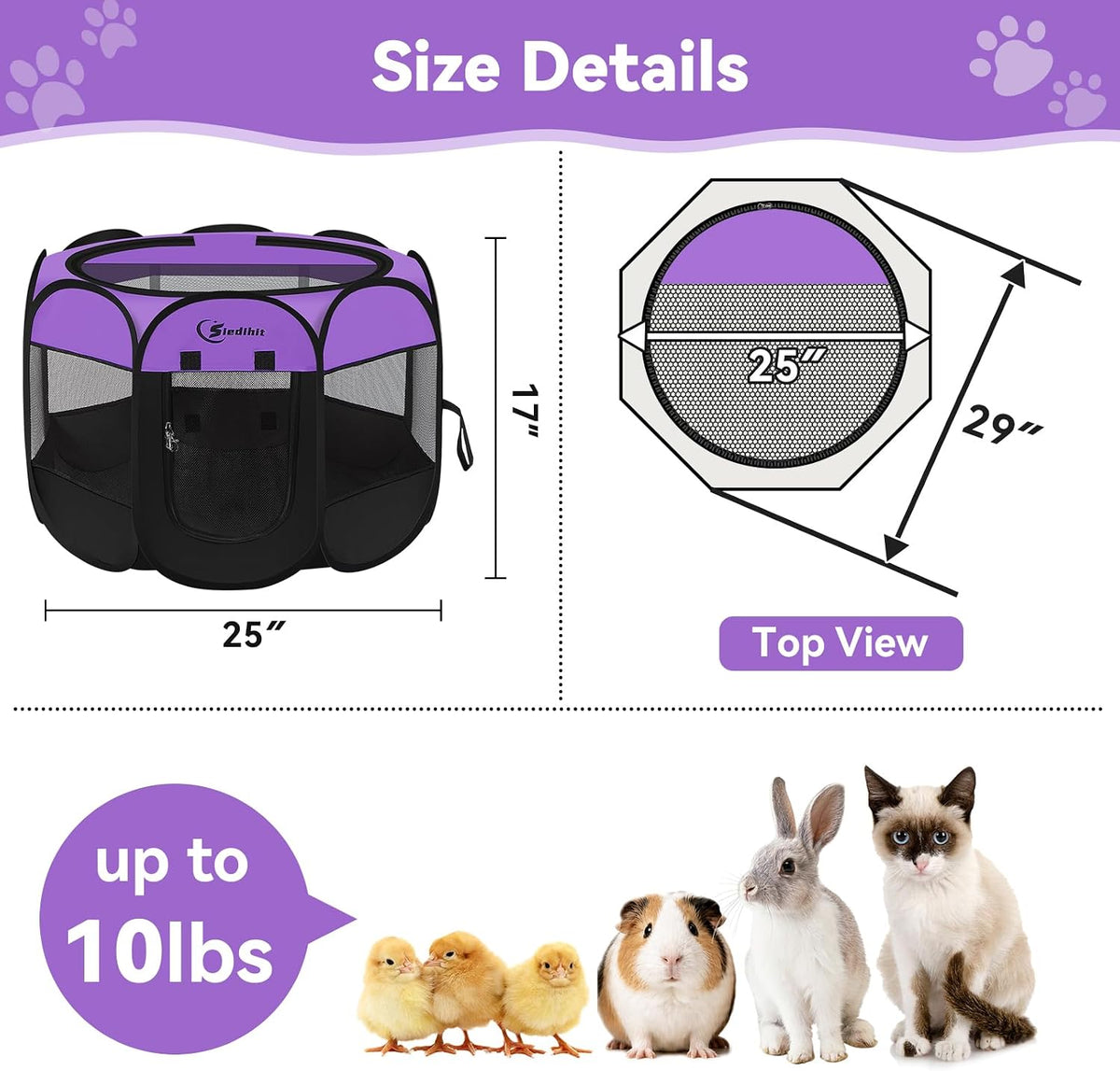 Siedihit Dog Cat Playpen, Puppy Pet Playpen Indoor for Small Dog Crate Tent Cage Outdoor, Portable - Purple / Small - image 3