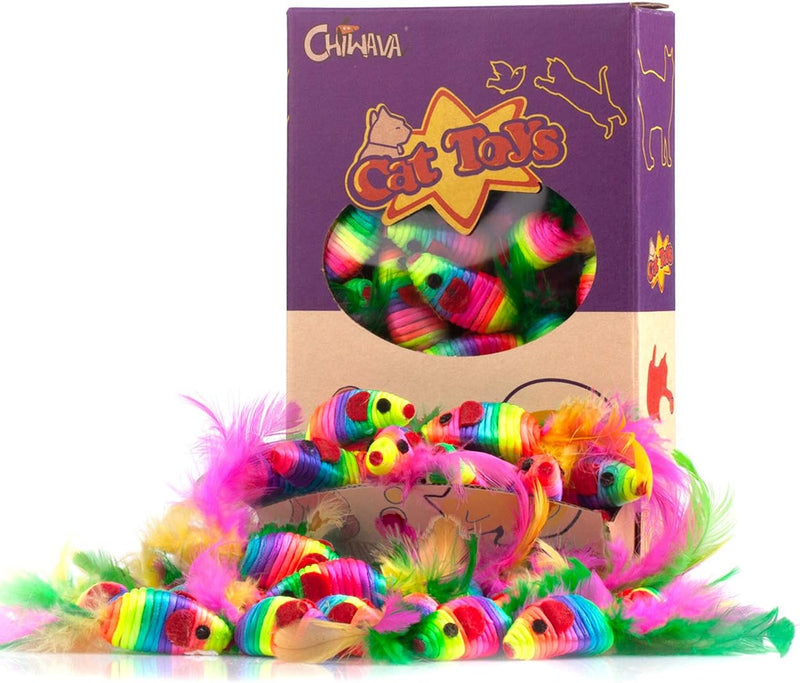CHIWAVA 24PCS 5" Rattle Cat Toys Mice with Feathers Rainbow Rope Mouse – Essentials for Cats