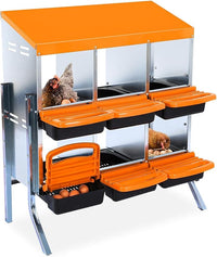 Chicken Nesting Boxes, 6 Hole Metal Chicken Laying Box with with Removable Trays and Roll Out Egg Collection for Chicken Coop, with Metal Bracket, Orange