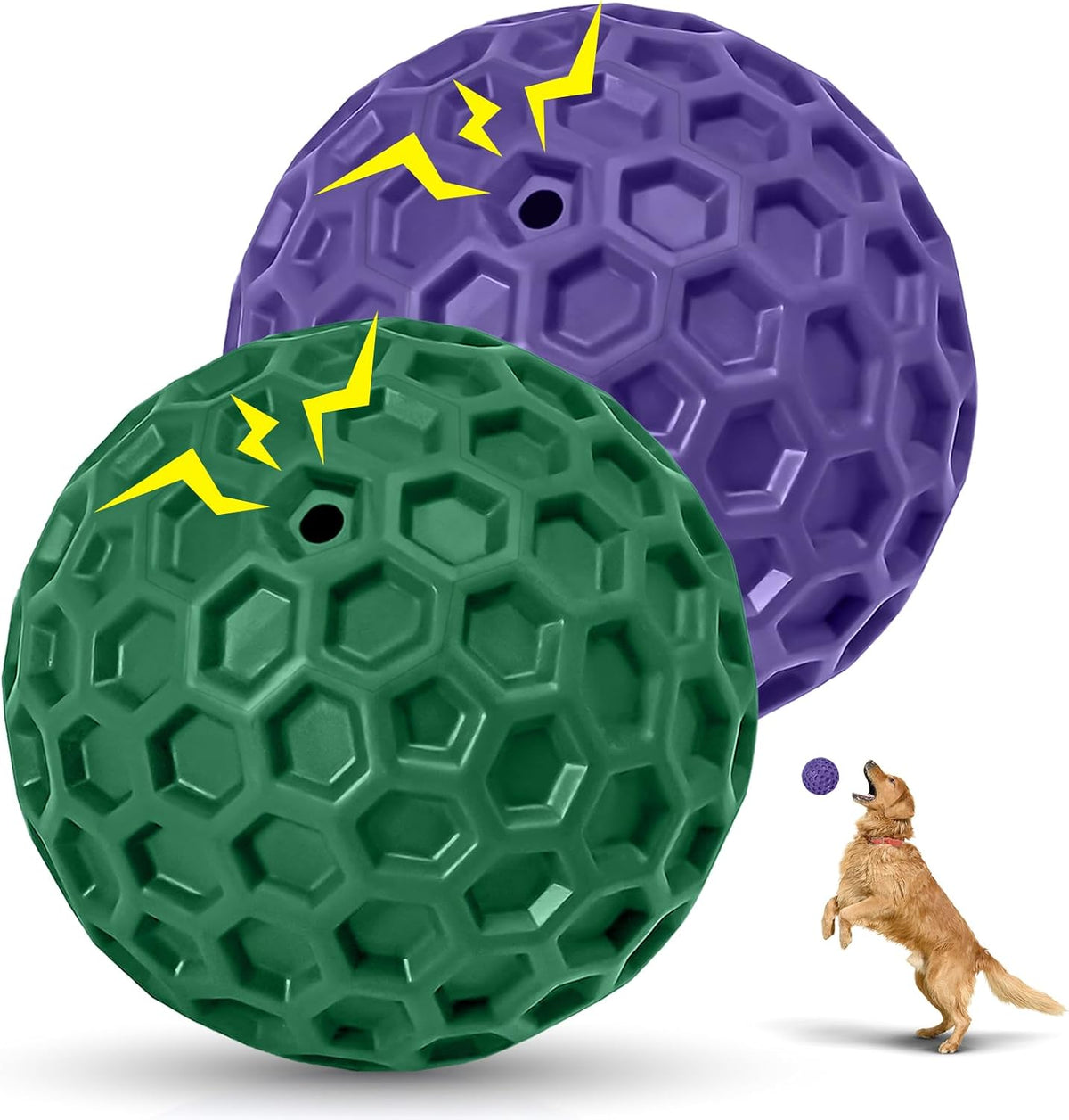 2 Pack Indestructible Squeaky Dog Balls for Aggressive Chewers - Purple+Green