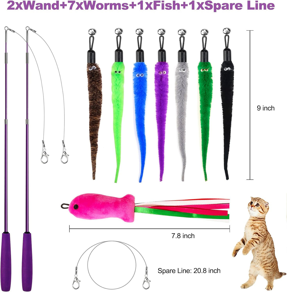 Cat Toys 11Pcs Cat Wand Worm Feather Refills for Indoor Cats – Essentials for Cats - image 2