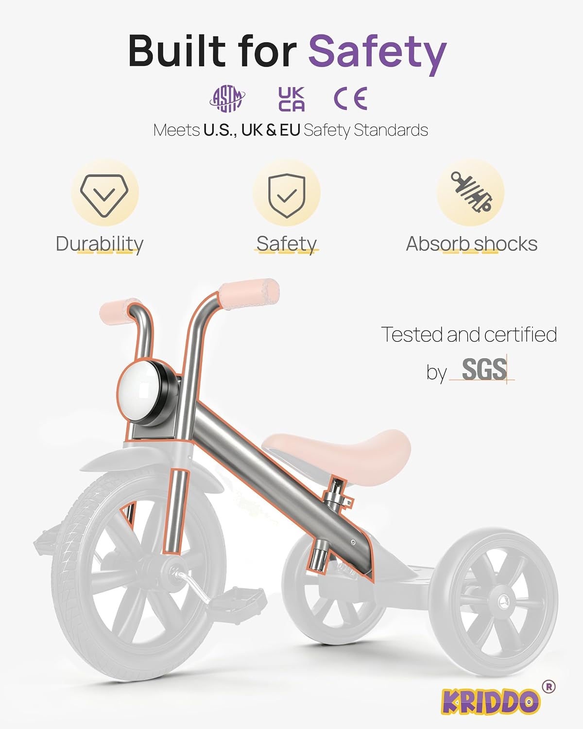 KRIDDO Tricycle for Toddlers 2-5 Years: Rubber Front Wheel - White - image 2