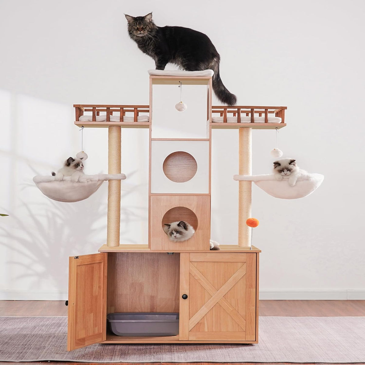 Heybly Cat Tree with Litter Box Enclosure for Indoor Big Cat HCT110SG – Essentials for Cats - Walnut / 60 inch - image 4