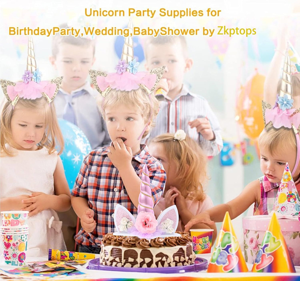 Zkptops pink unicorn cake topper set with 5.8 inch horn, ears, flowers and eyelashes - view 3