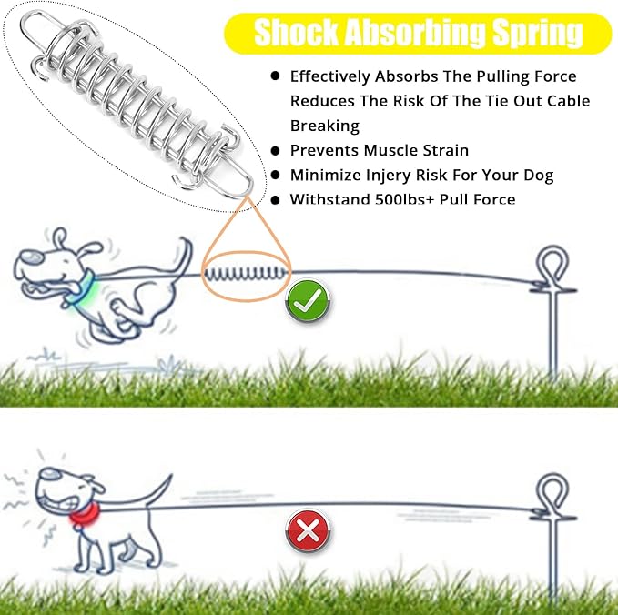 Jenico Dog Tie Out Cable, 10/15/20/30/40/50/70/100/150FT Runner Cable with Swivel Hook and Shock Spring, Yard and Camping Dog Leash Run Tether, Small to Medium Pets Up to 500 LBS