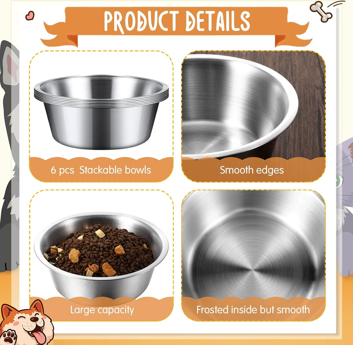 Yahenda 6 Pcs Stainless Steel Metal Dog Bowls Bulk Replacement Basic - 8.3 Inch - image 3
