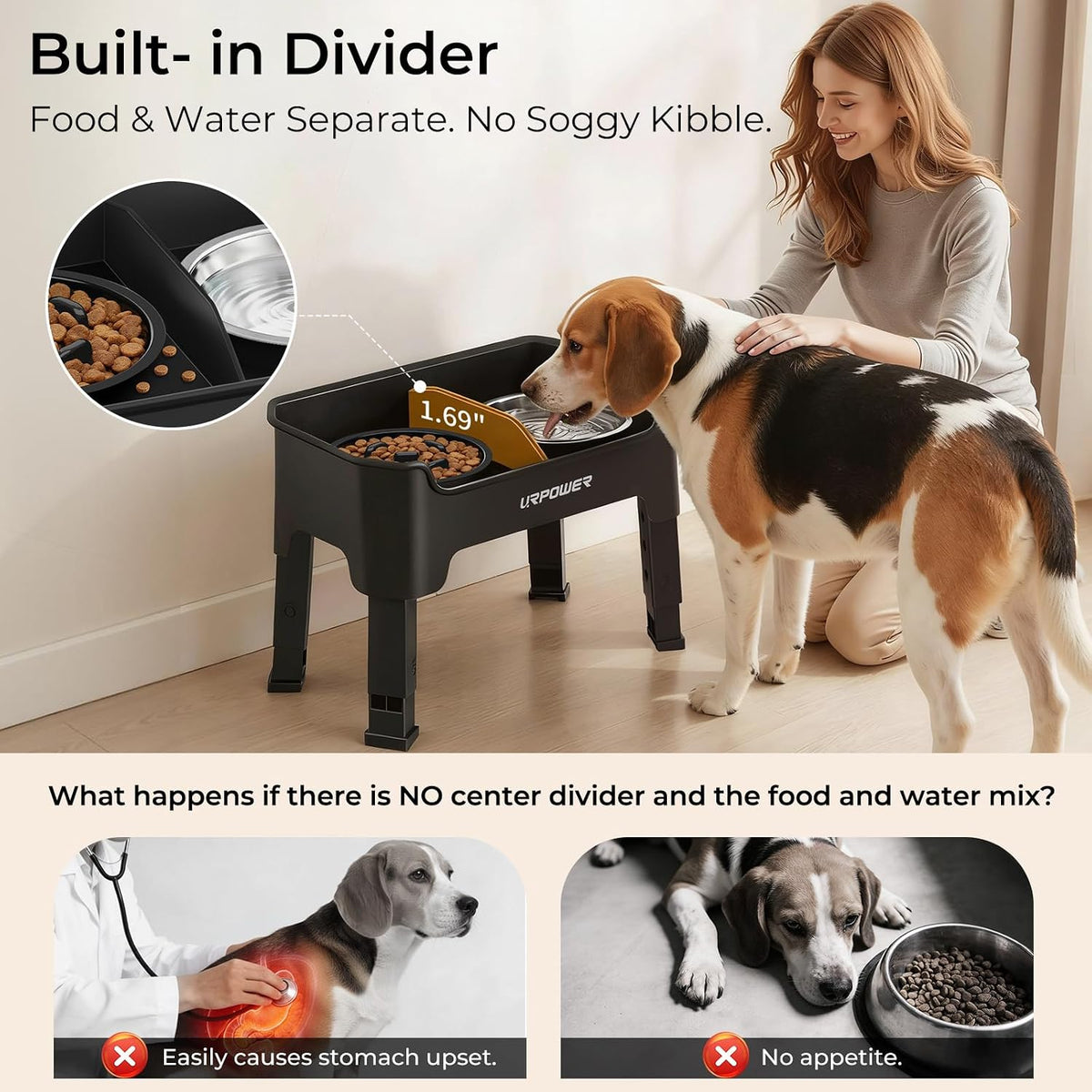 URPOWER Mess Proof Elevated Dog Bowls 4 Height Adjustable Raised Stand – Essentials for Dogs - Matte Black / Small - image 3