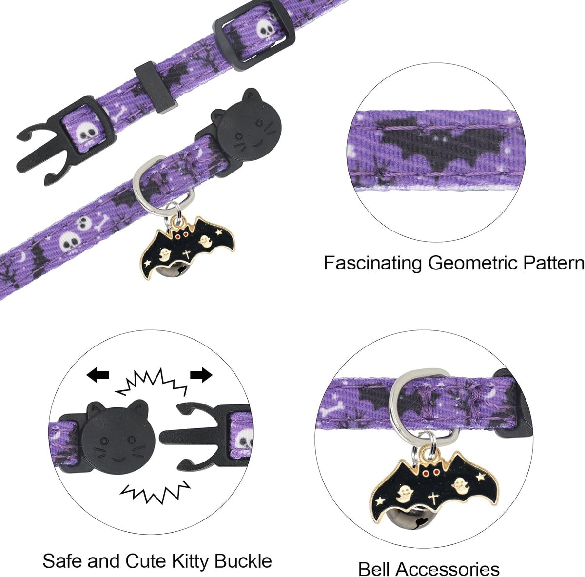 Halloween Cat Collar, Cotton 2 Pack Cat Collar with Bells - Halloween Purple / 7-11'' - image 4