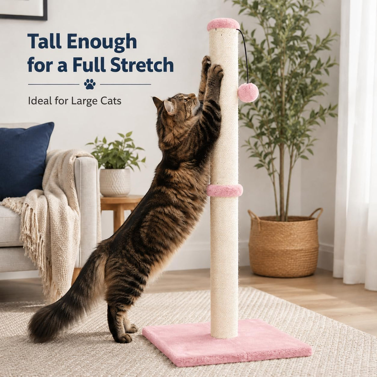 Dimaka Tall Cat Scratching Post Tree Scratcher with Sisal Rope - Pink / 34 inches for Large Cats - image 4