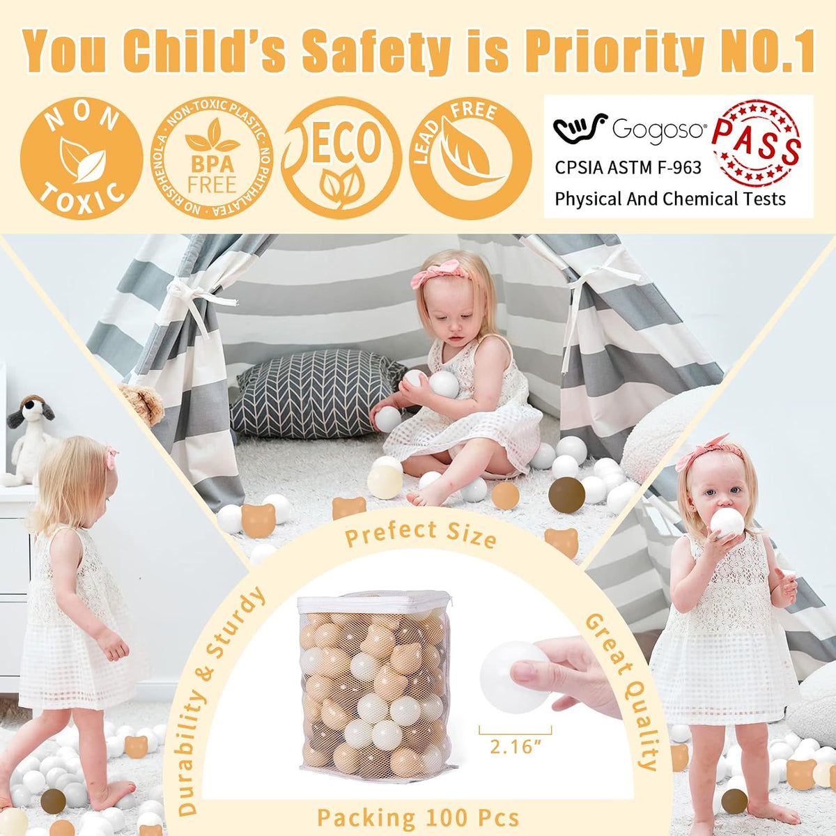 GOGOSO 100 pastel bear-shaped and round ball pit balls with zipper storage bag - view 9