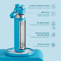 Insulated Water Bottle with Straw - Encool Stainless Steel Water Bottle, Leak-Proof, BPA-Free, Double Wall Vacuum Keeps Cold for 24 Hours for Sports, Travel, School (26 oz, Azure Blue)
