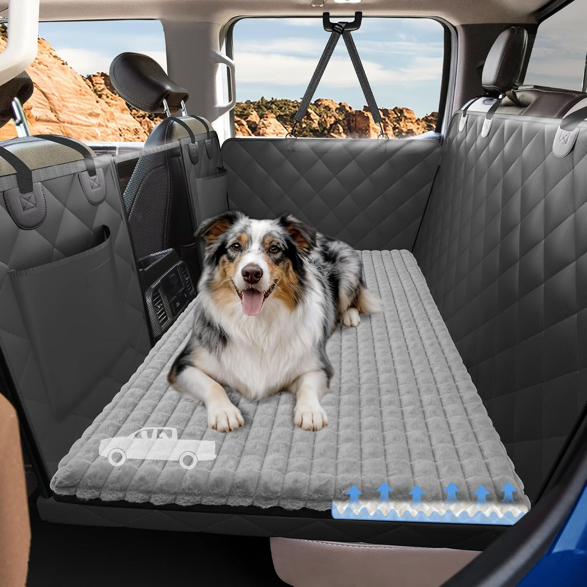Back Seat Extender for Dogs - XL - for Full Size Crew Cab Truck / Full Size SUV / Black and Modern Gray