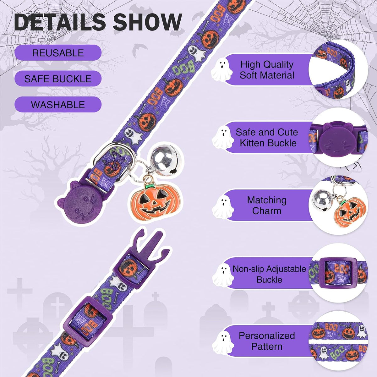 Cat Collar Breakaway, Soft Kitten Collar with Bell, Daisy - Halloween (Pack of 3) - image 2
