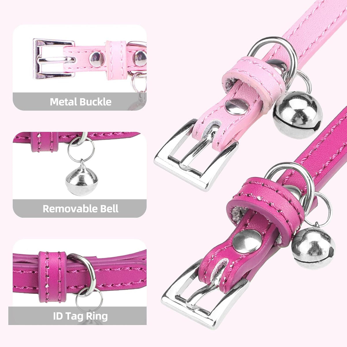PUPTECK 2 PCS Soft Genuine Leather Cat Kitten Collar with Bells - Rose&Pink - image 3