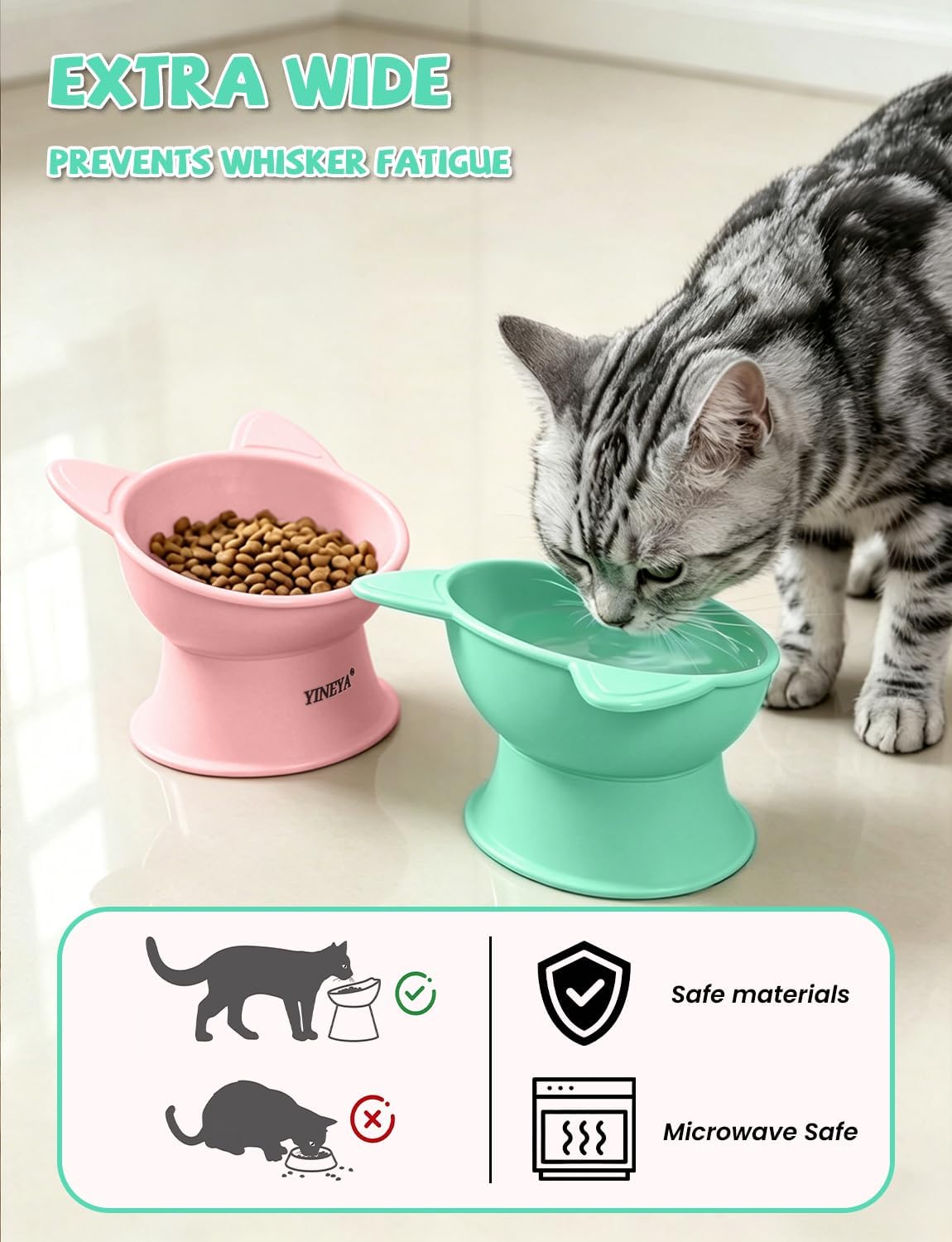 YINEYA 2 Pack Cat Food Bowls Elevated Design for Neck Comfort - Pink&Green - image 3