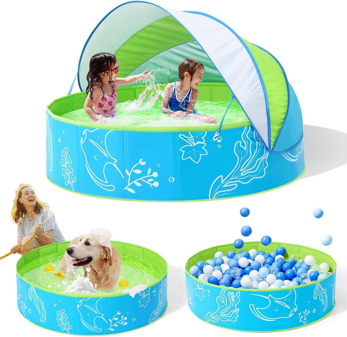 Hikiddy Foldable Kiddie Pool with Canopy: Baby Infant Toddler Kids - Blue-green / 47in