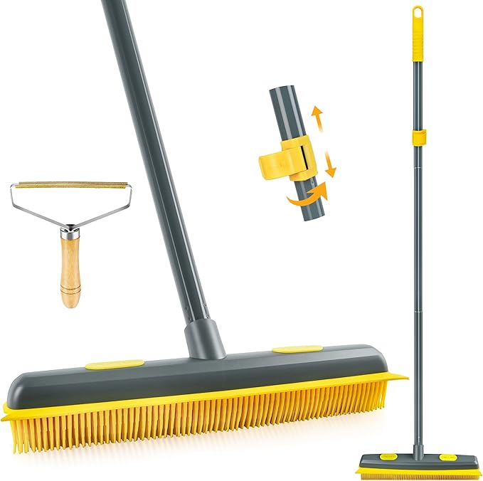 NEWE Rubber Pet Hair Removal Broom with Lint Fur Remover Tool, 57.5 inches Long Handle Silicone Carpet Brush Rake with Built-in Squeegee for Cleaning Rug, Tile, Floor (Gray Yellow)