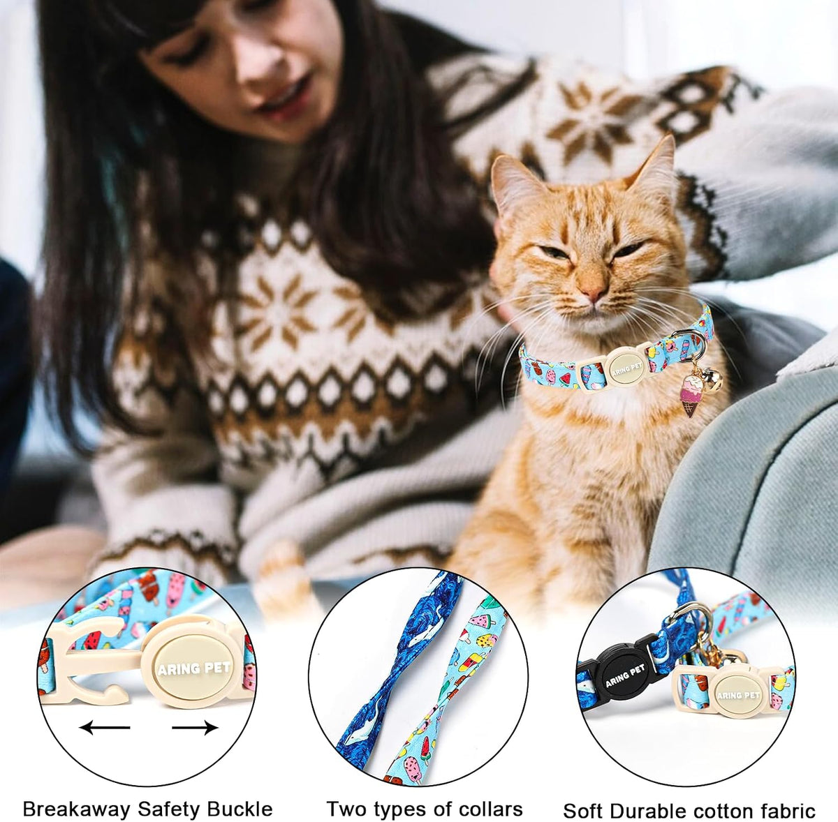 ARING PET 2 Pack Cat Collar-Cute Cotton Cat Collar Breakaway - Summer Ice Pop & Whale - image 2