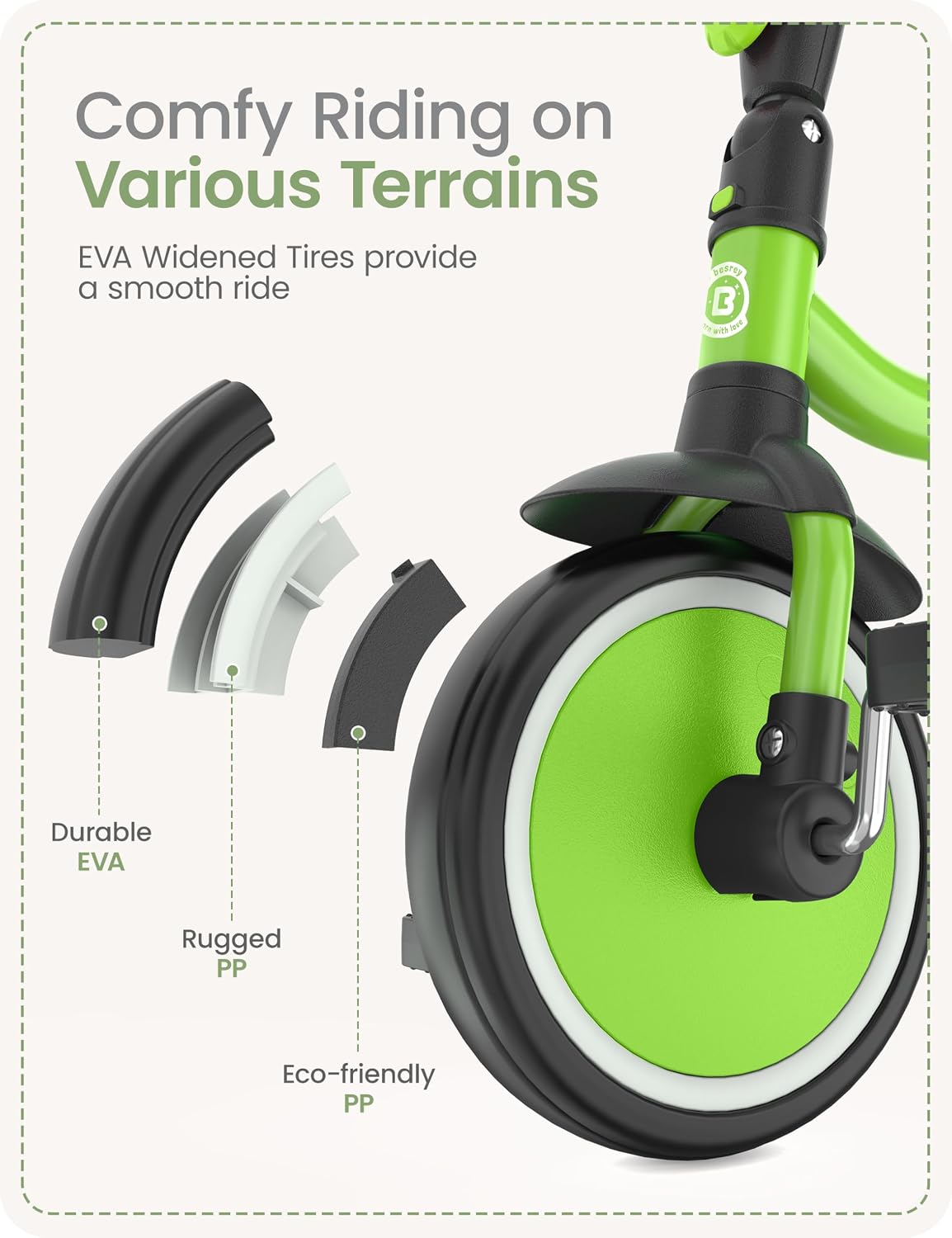besrey Toddler Tricycle with Bell - Grass Green - image 4