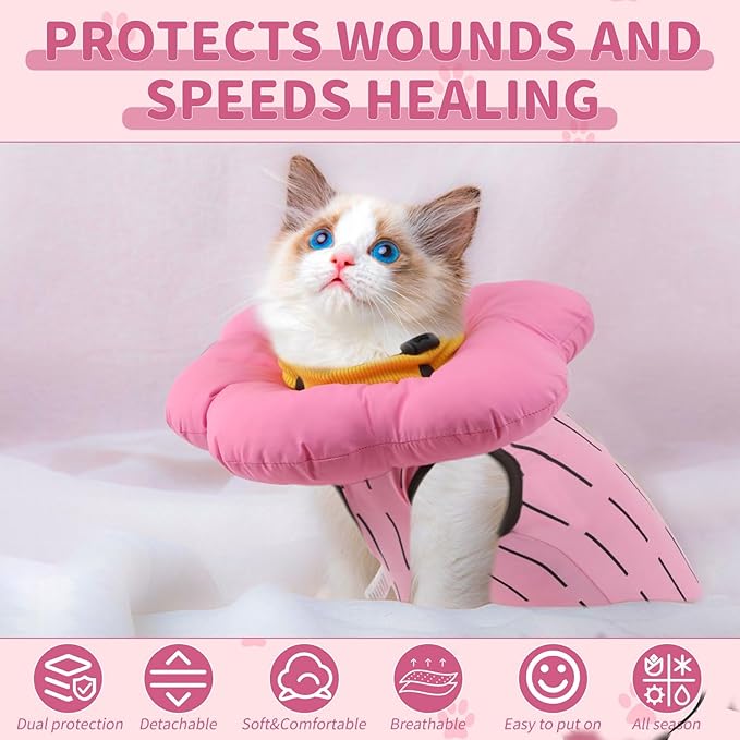 EMUST 2PCS Cat Recovery Suit and Cone Collar - Female, Breathable Cotton, Adjustable Soft E Collar Alternative for Cats 8-16lb (Pink, L)