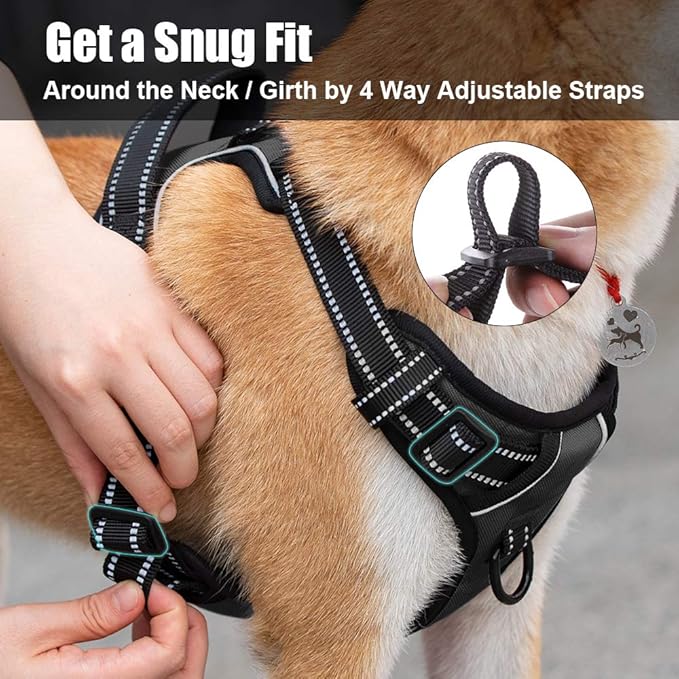 PoyPet No Pull Dog Harness, Reflective Comfortable Vest Harness with Front & Back 2 Leash Attachments and Easy Control Handle Adjustable Soft Padded Pet Vest for Small to Large Dogs (Black,L)