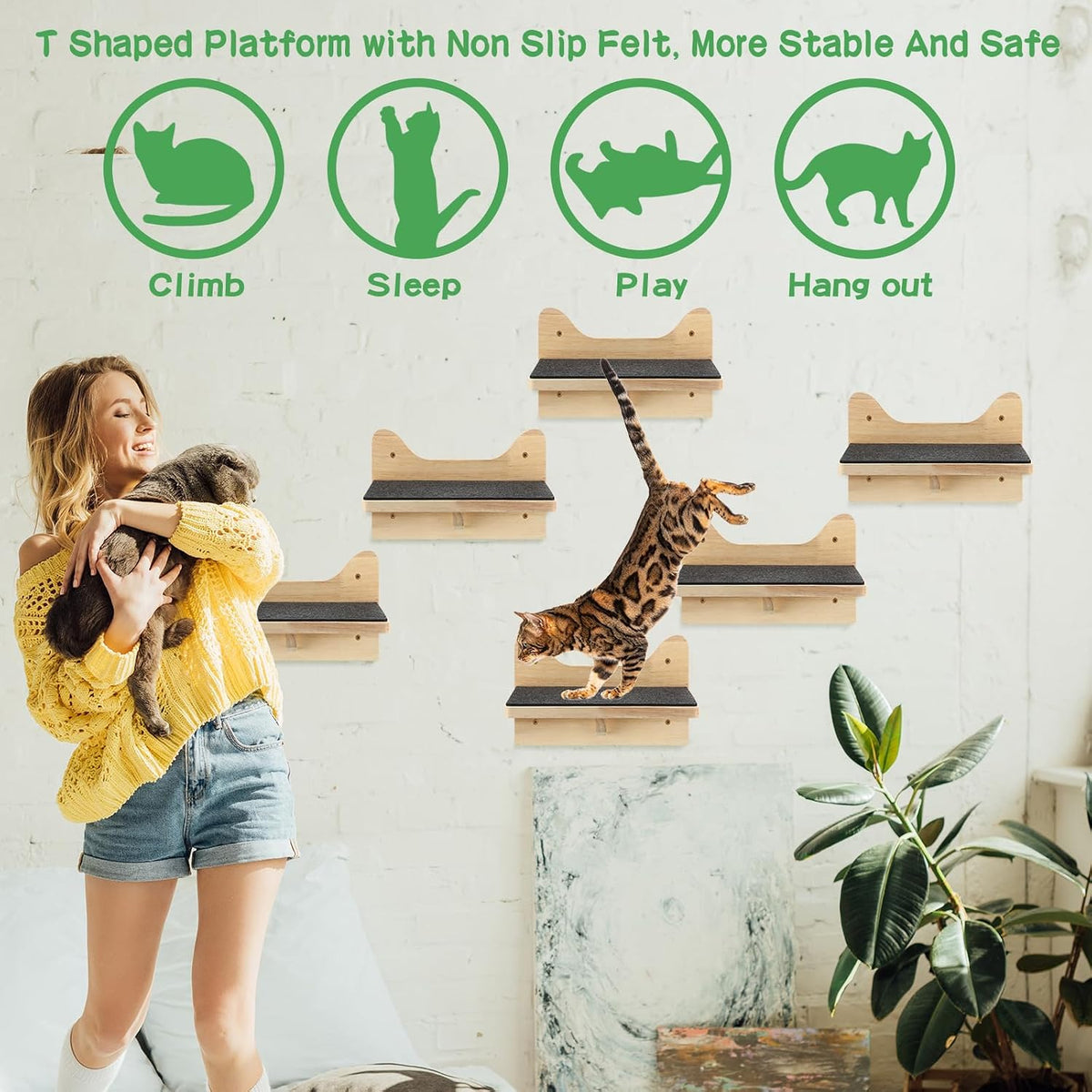 Lenwen 6 Set Cat Wall Shelves, Wood Cat Climbing Step - Lovely - image 3