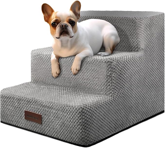 Dog Stairs for Small Dogs & Cats, 3-Step Non-Slip Pet Steps for Couch Sofa and Chair, Grey, 13.6" H