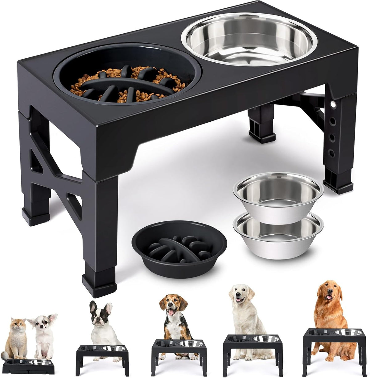 Elevated Dog Bowls with 5 Adjustable Heights Stand – Essentials for Dogs - Black