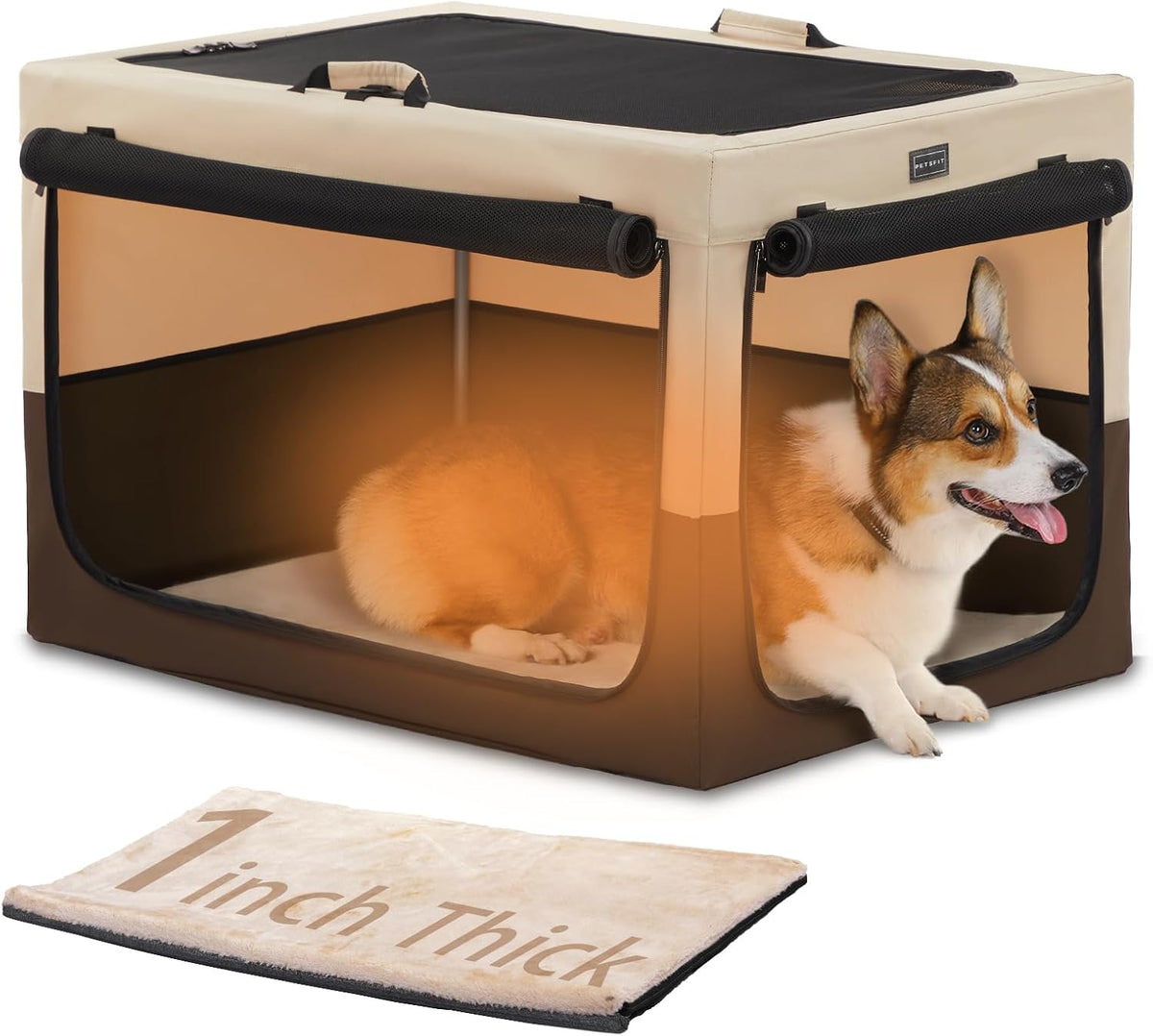PETSFIT Portable Dog Crate for Medium Large Dogs - 30.0"L x 20.0"W x 19.0"H / Brown(With Mat)