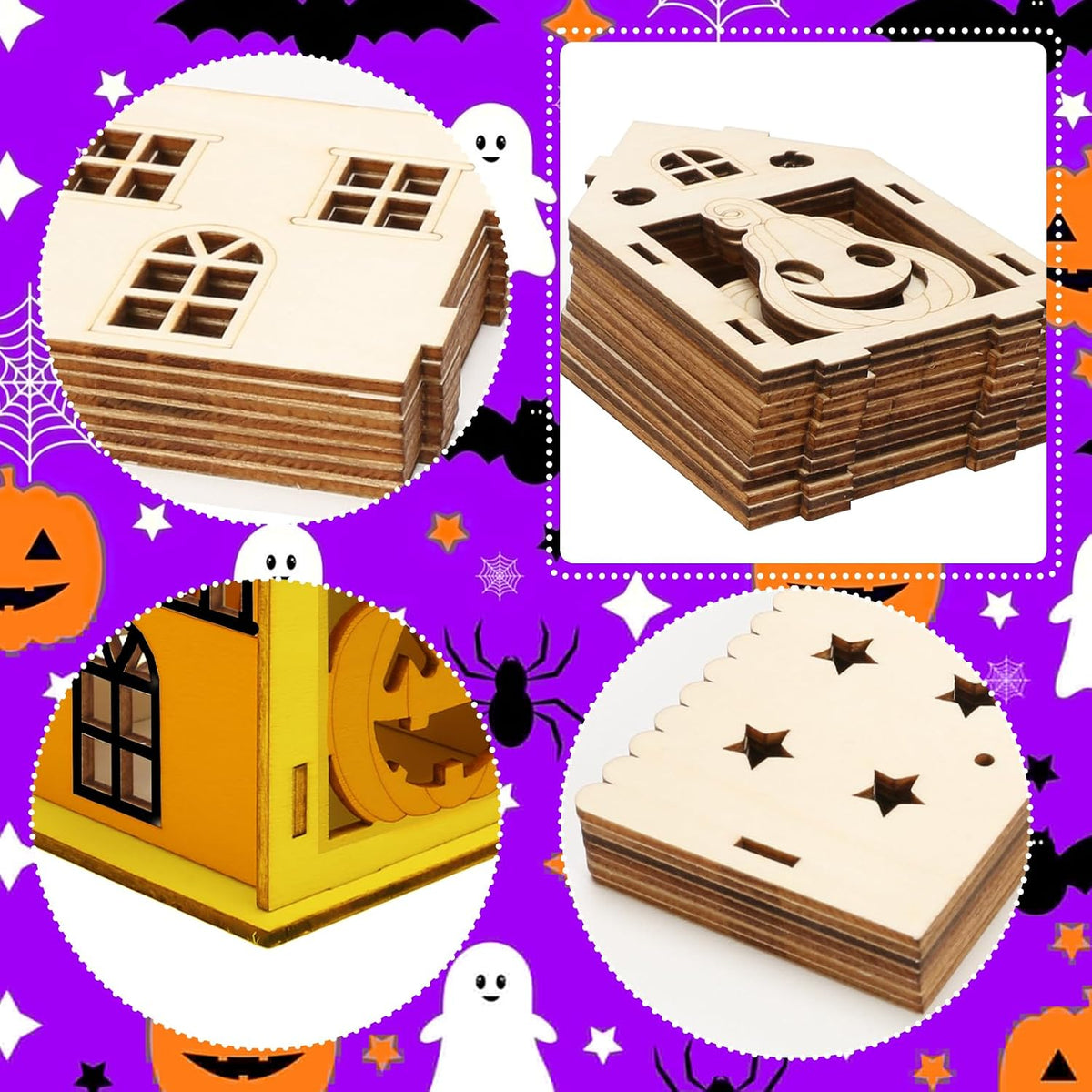 Fennoral 7 pack wooden 3D pumpkin house craft kit for kids Halloween decorating - view 14