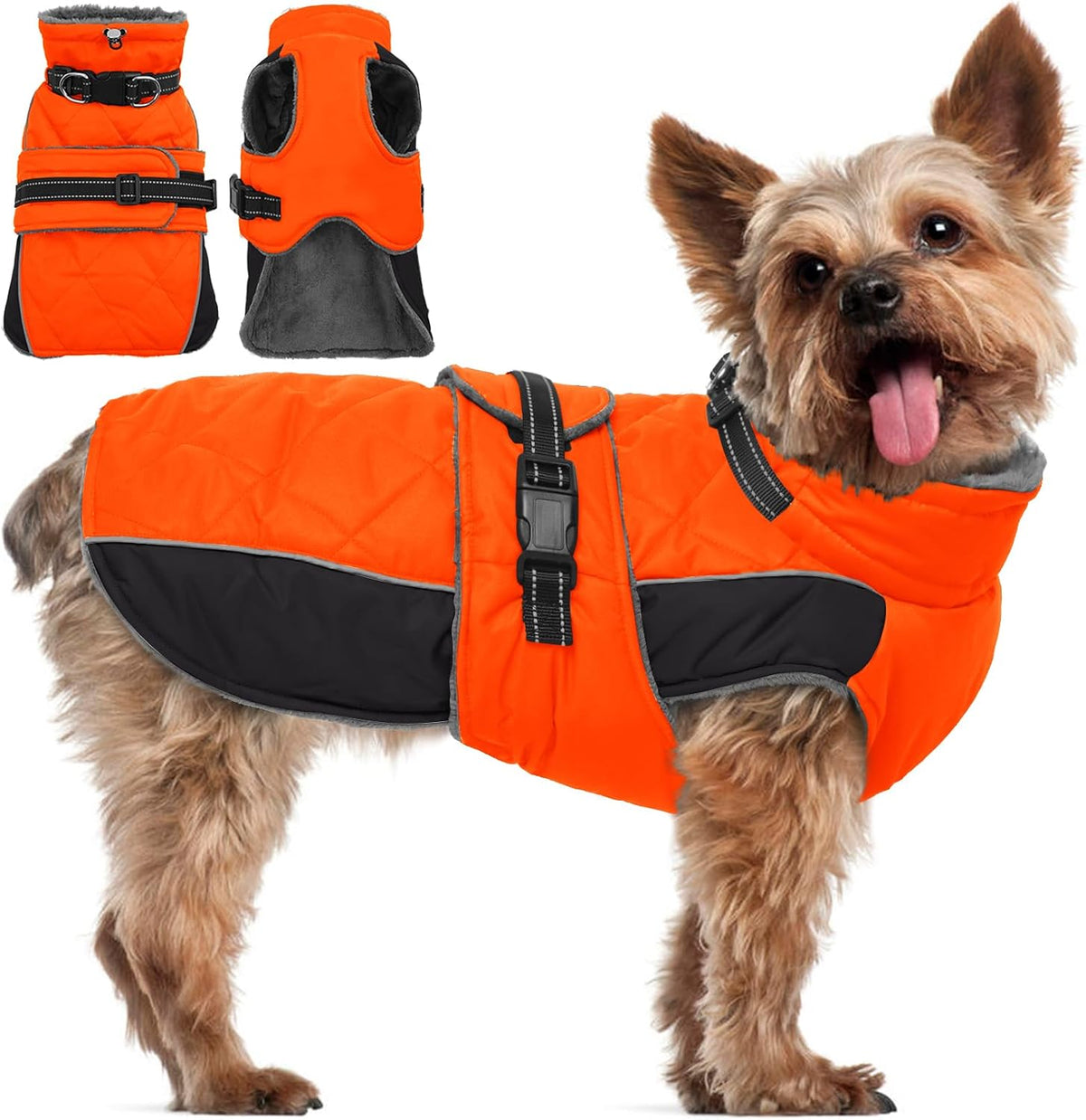 QBLEEV Warm Dog Jacket, Waterproof Dog Winter Coat with Harness – Essentials for Dogs - Orange / Small