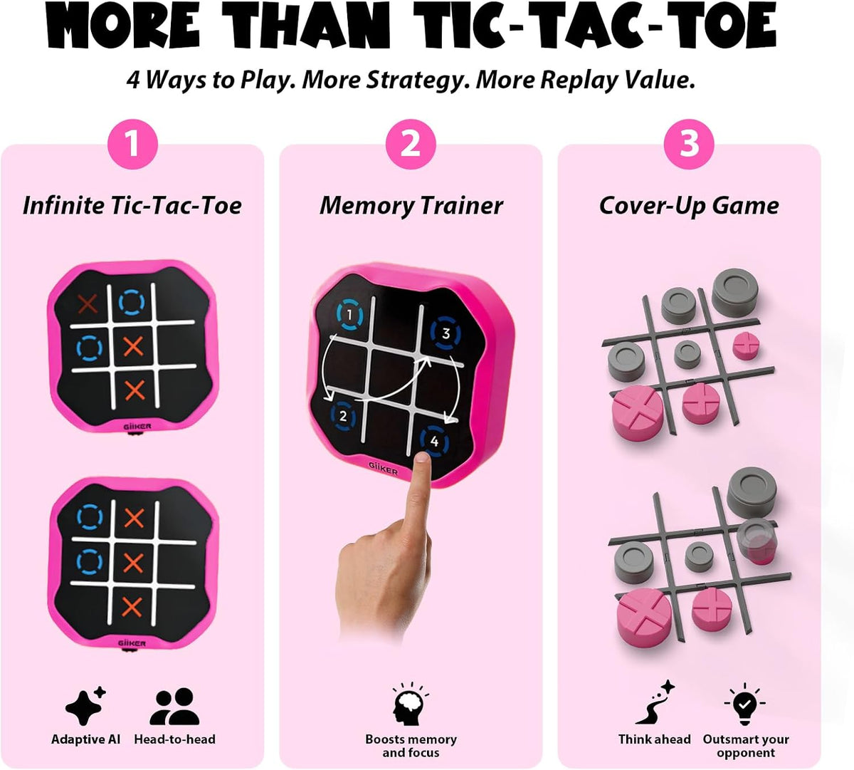 GiiKER Tic Tac Toe Bolt, 4-in-1 Electronic Game for Kids Ages 6+ – Fun for Kids & Family - Pink - image 2