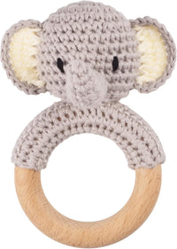 Joliecraft beige crochet bear rattle with natural wood teething ring