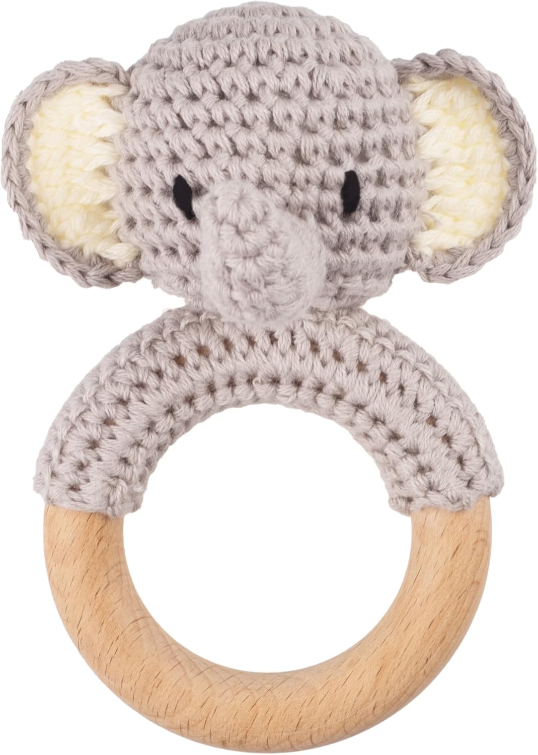 Joliecraft beige crochet bear rattle with natural wood teething ring