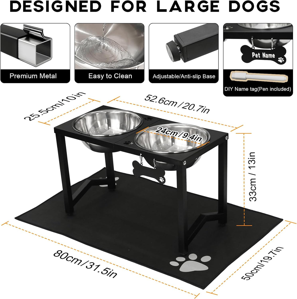 Elevated Dog Bowls, Metal Raised Dog Bowl Stand with 2 Thick 58oz Stainless Steel Food Bowls - Black-85oz x 2 / Height: 13" - image 3