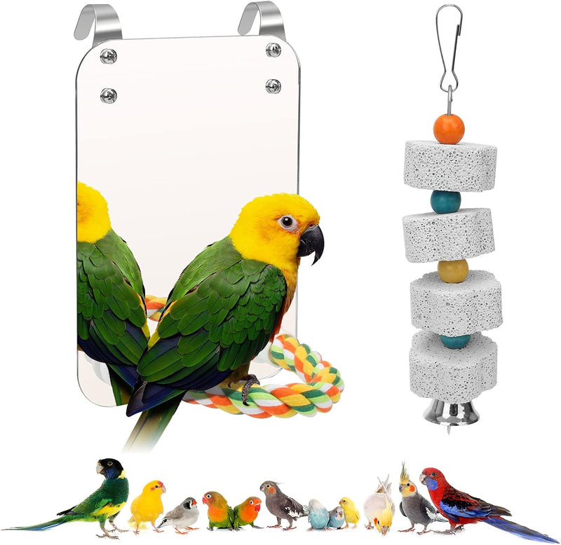 7" Bird Mirror for Cage, Parakeet Cockatiel Parrot Mirror with Rope Perch – Essentials for Birds - 7x5 inches