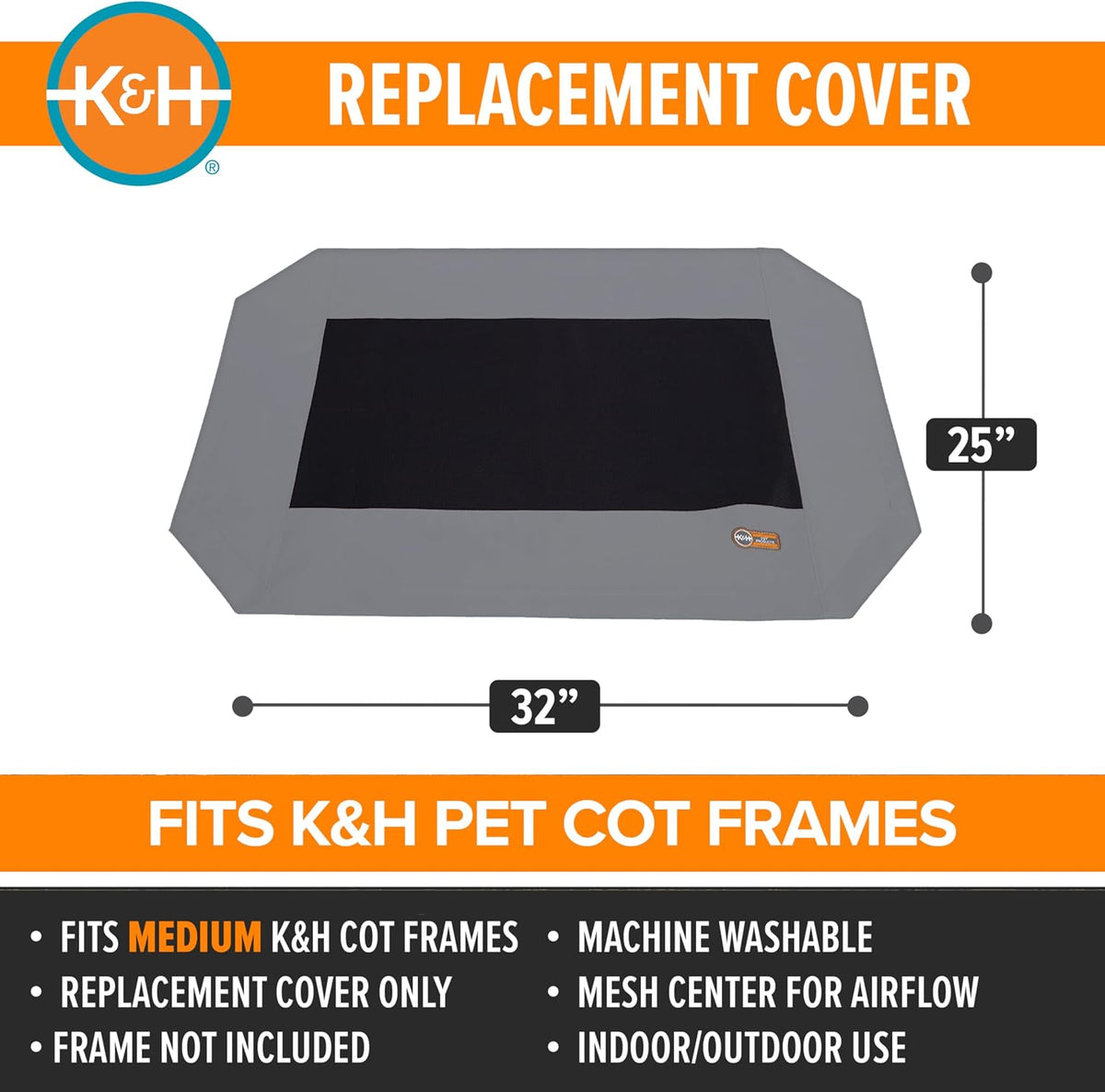 K&H Outdoor Elevated Dog Bed Pet Cot Replacement Cover - Gray/Black Mesh / Medium (Pack of 1) - image 2