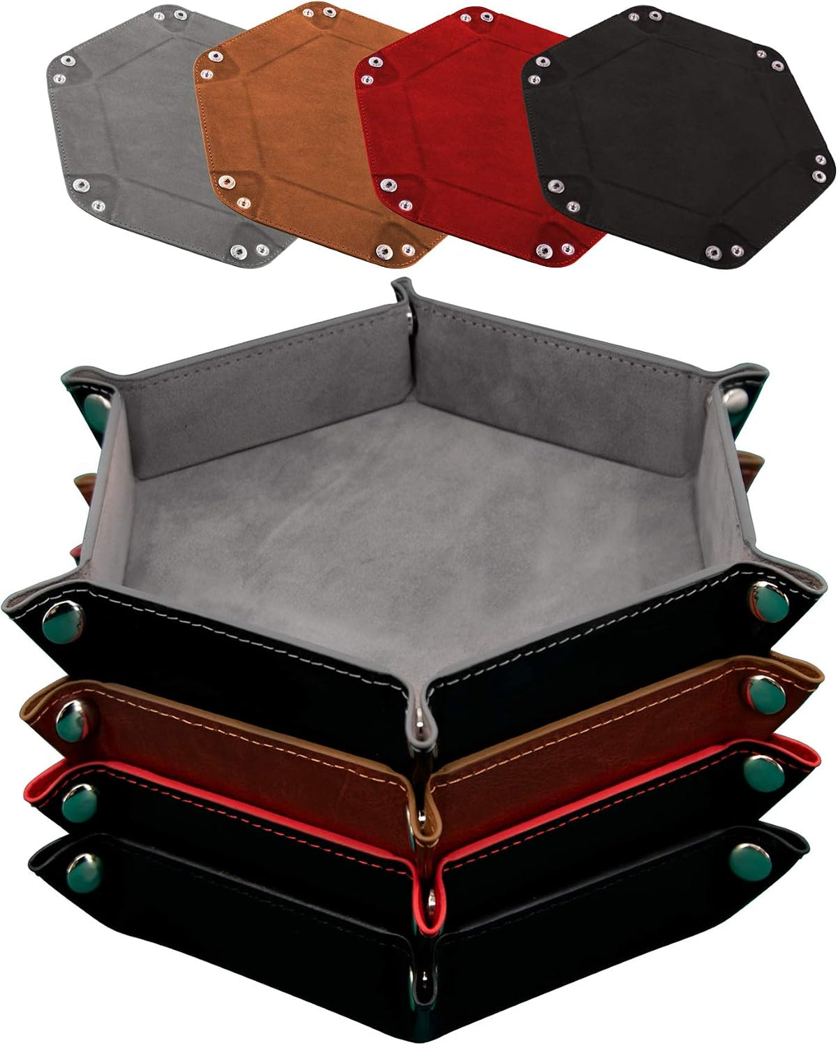 SIQUK 4 Pieces Dice Tray Set Foldable Dice Trays Hexagon Dice Rolling - Gray, Camel, Red and Black