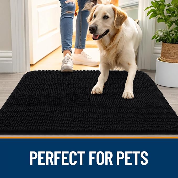 OLANLY Dog Door Mat Set 4-Piece 24x16, Absorbs Moisture and Dirt, Absorbent Non-Slip Washable Doormat, Quick Dry Chenille Mud Mat for Dogs, Entry Indoor Entryway Carpet for Inside Floor, Black