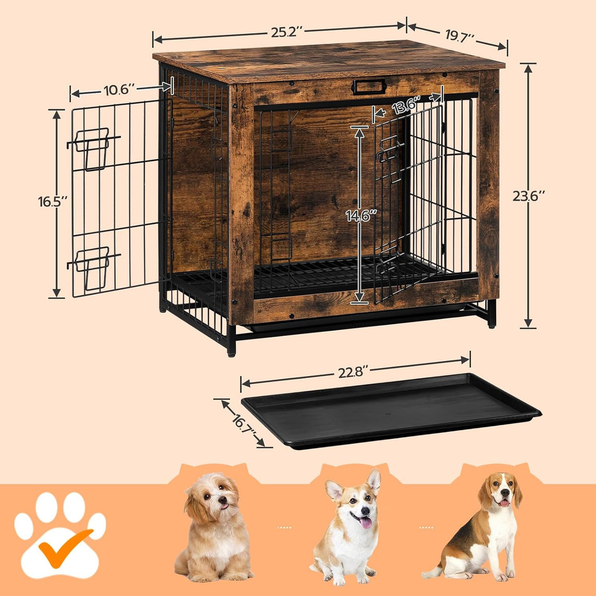HOOBRO Dog Crate Furniture, 38.6" Large Dog Kennel Indoor - 25.2"L x 19.7"W x 23.6"H / Rustic Brown - image 3