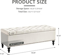 Ottoman with Storage,50.2-inch Upholstered End of Bed Storage Bench for Bedroom,for The Living Room,for Entryway, with Rivets & Button and Safety Hinges,Detachable (White)