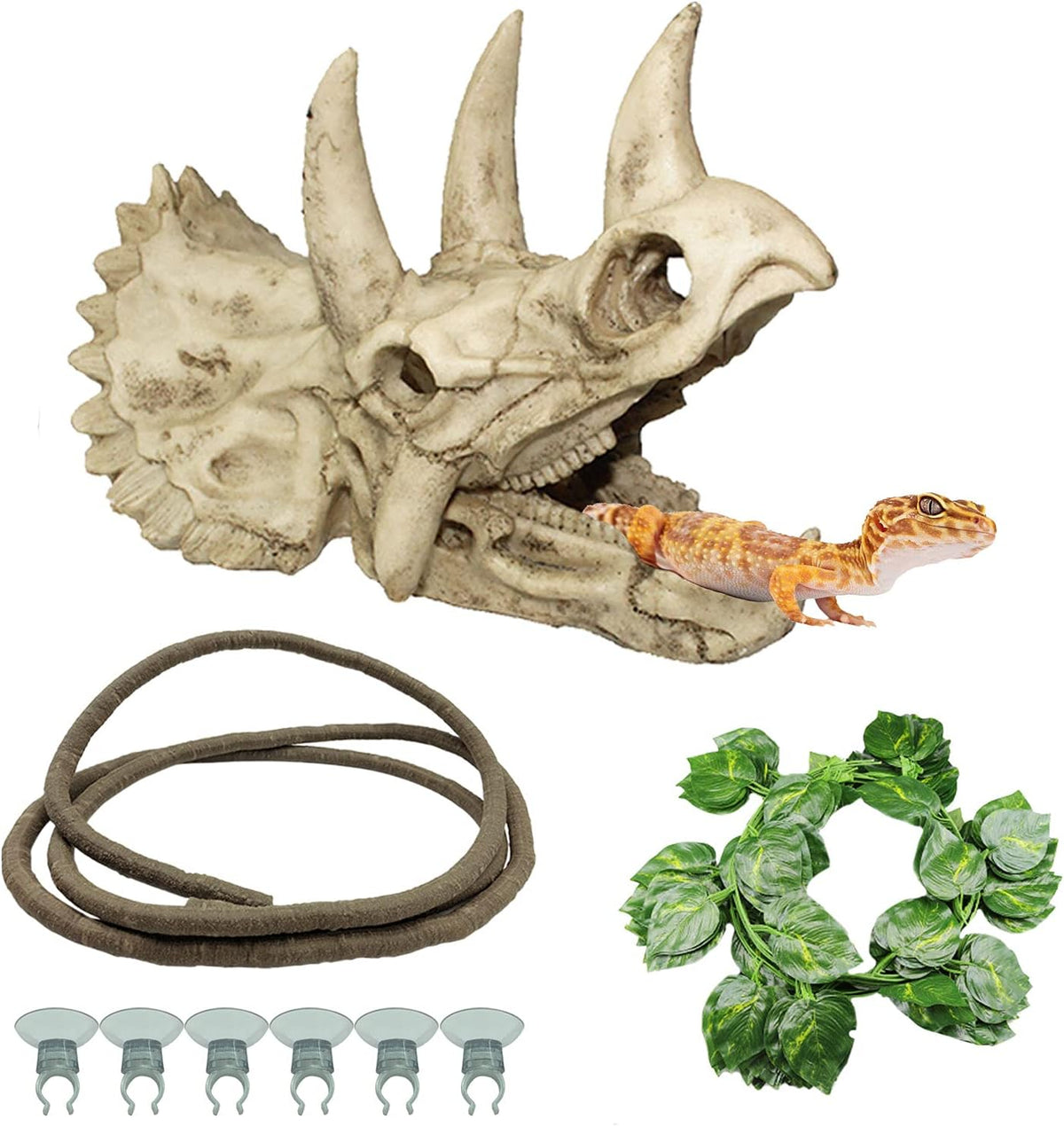 Reptiles Skull Hide Decorations Bearded Dragon Tank Accessories - Triceratops Skull+Rattan+Leaf