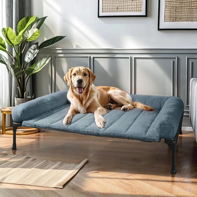 Veehoo Cooling Elevated Dog Bed with Fluffy Plush Bolster Cushion, Indoor Raised Dog Beds for Large Dogs, Soft Pet Sofa Cot with Removable Washable Mat, No-Slip Feet, 42 x 30 inches, Haze Blue