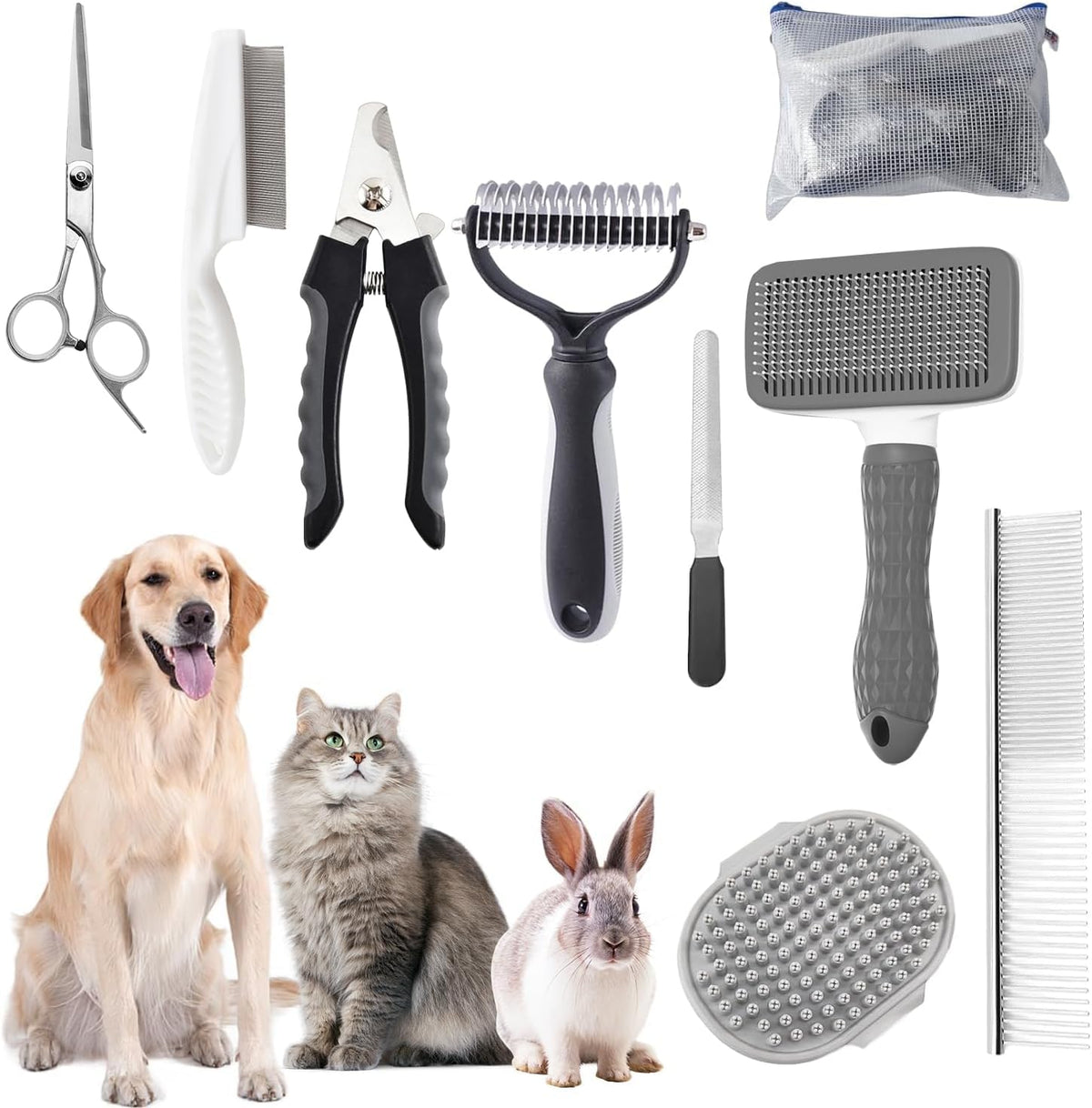 Bath Grooming Kit for Pets, Hair Brush Set with Towel - 9-Grey