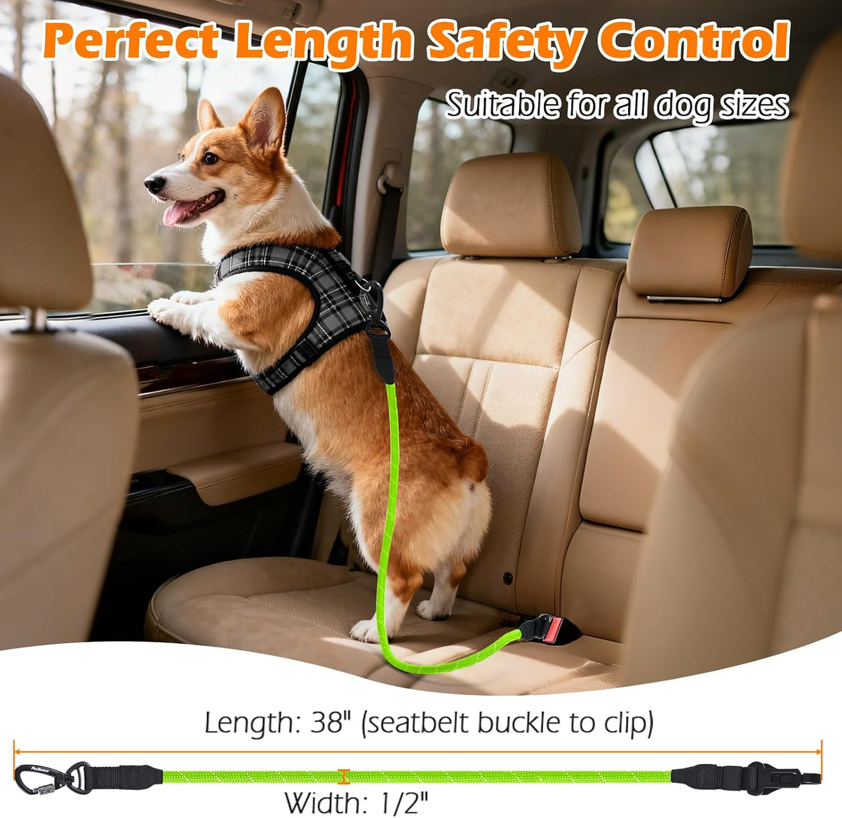 Dog Seat Belt for Car, Durable Rope Dog Car Harness for Vehicle – Essentials for Dogs - Green / 1 Pack - image 4